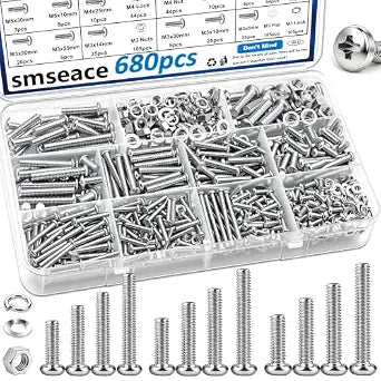 smseace 680Pcs Nuts and Bolts Assortment Kit 27-Sizes M3/M4/M5/M6 Nut Bolt Washer Assortment Kit for Machinery, Furniture, Automotive, Motorcycle Repairs