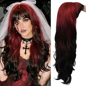 Red Black Long Wig with Bangs Womens Curly Wavy Ombre Red Hair Wig Heat Resistant Fibre Cosplay Costume Wig for Halloween Party Use
