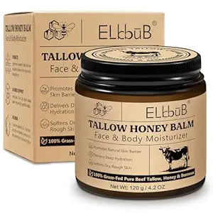 ELBBUB Whipped Tallow Cream for Face & Body - 100% Grass-Fed Beef Tallow, Natural Honey & Beeswax Moisturizer, Deep Hydration & Nourishment, Oil-Free & Unscented, Fast Absorbing