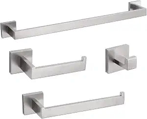 4-Piece Bathroom Hardware Set, Towel Rack Towel Bar Towel Holder Toilet Paper Holder Towel Hooks Modern Square Premium Stainless Steel Brushed Nickel Wall Mounted Bathroom Accessories Set (16inch)