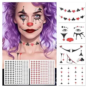 Halloween Clown Face Makeup Temporary Tattoos+Black Red Faces Gems