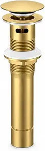 Metal Pop Up Bathroom Sink Drain with Overflow, Brushed Gold Vessel Sink Drain Assembly with Detachable Basket Stopper, Anti-Clogging Drain Strainer