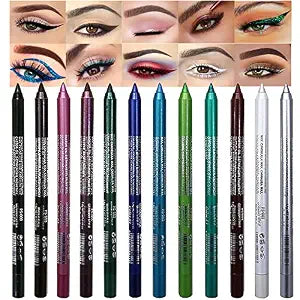 Kaely 12Pcs Glitter Gel Eyeliner Pencil Set for Women, Color Eye Liner Waterproof Smudge Proof with Sharpener, High Pigmented Eye Makeup Liners, lapiz de ojos delineador de ojos contra el agua, 01