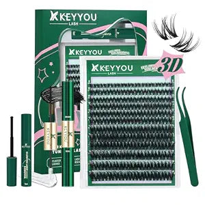 KEYYOU Flaunt Lash Clusters Kit 3D Spider DIY Lashes Extension Kit Thick Eyelash Clusters 144pcs Individual Lashes Fluffy Wispy Volume Lashes with Waterproof Lash Bond and Seal & Remover (F01)