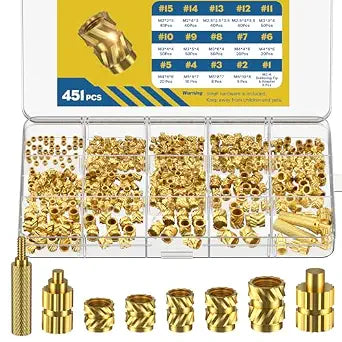 Vibit 451 Pcs Threaded Inserts for Plastic, M2 M2.5 M3 M4 M5 M6 Heat Set Inserts with Soldering Tip & Adapter, Brass Heat Inserts, Metric Knurled Nut Inserts Kit for 3D Printing Components