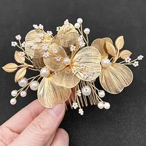 Gold Flower Hair Accessories for Bride Wedding Pearl Metal Floral Hair Pieces with Combs for Women Girls