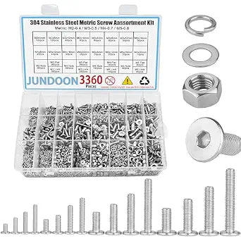 3360Pcs M2 M3 M4 M5 Stainless Steel Ultra Low Flat Head Hex Socket Cap Screws Assortment Kit, 304 Stainless Steel Metric Machine Screws with Hex Nuts, Flat Washers, Lock Washers
