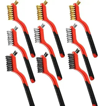 Wire Brush 9Pcs Metal Scrubber - Nylon/Brass/Stainless Steel Bristles with Curved Handle Grip for Cleaning Rust Removal, Dirt, Paint Scrubbing with Deep Cleaning  7 Inches