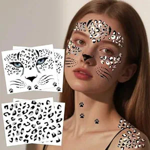 Snow Leopard Print Temporary Face Tattoos, Glitter Snow Leopard Face Tattoos, Halloween Animal Face Temporary Tattoo Stickers for Carnival Birthday Halloween Children's Party