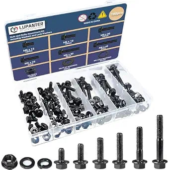 180Pcs M6 Metric Flange Bolt Assortment, M6x1.0, (12mm to 45mm) Assorted Hex Bolts and Nuts Washers Kit for Automotive, 10.9 Black Zinc Galvanized
