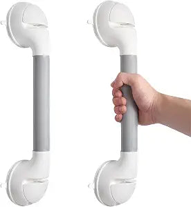 Suction Grab Bar 2 Pack, 16.9 Inch Shower Grab Bars for Seniors, No Drill Removable Bathroom Safety Handles for Bathtubs and Showers, Grey White