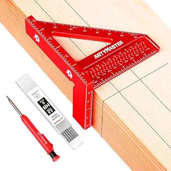 3.8Mini 3D Multi-Angle Measuring Square Ruler, WT102A High Precision Hole Scribing Woodworking Tools, 0-90 Aluminum Alloy Carpenter Square Wood Working Tools, Carpenter Pencils 6 Refills.