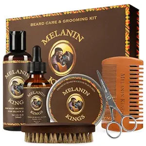 Melanin Kings Beard Grooming Kit for Men - Formulas With Ancient African Natural Ingredients | Beard Wash, Oil, Balm, Brush, Comb, Trimming Scissors