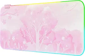 Pink RGB LED Gaming Mouse Pad, 14 Modes Glow Pad, Extra Large Gaming Mousepad,Waterproof Rubber Non Slip Cute Sakura Mat, Extended Big Keyboard and Mouse Pad Mat for Gamer Office Home, XXL 8003004mm