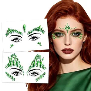 JUNEBRUSHS 6 Pcs Green Face Gems Jewels Halloween Ivy Stickers Accessories