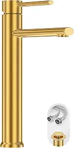 Phiestina Brushed Gold Tall Bathroom Vessel Sink Faucet, Single Hole Single Handle Above Counter Sink Bathroom Faucet, with Pop Up Drain and Water Supply Line,NS-SF03-V-BG