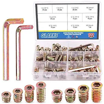 Glarks 120Pcs 1/4"-20, 5/16"-18 Threaded Inserts Nuts Assortment Set, Zinc Plated Carbon Steel Hex Socket Drive Furniture Flanged Screw-in Nut with M6 M8 Hex Wrench for Wood Furniture
