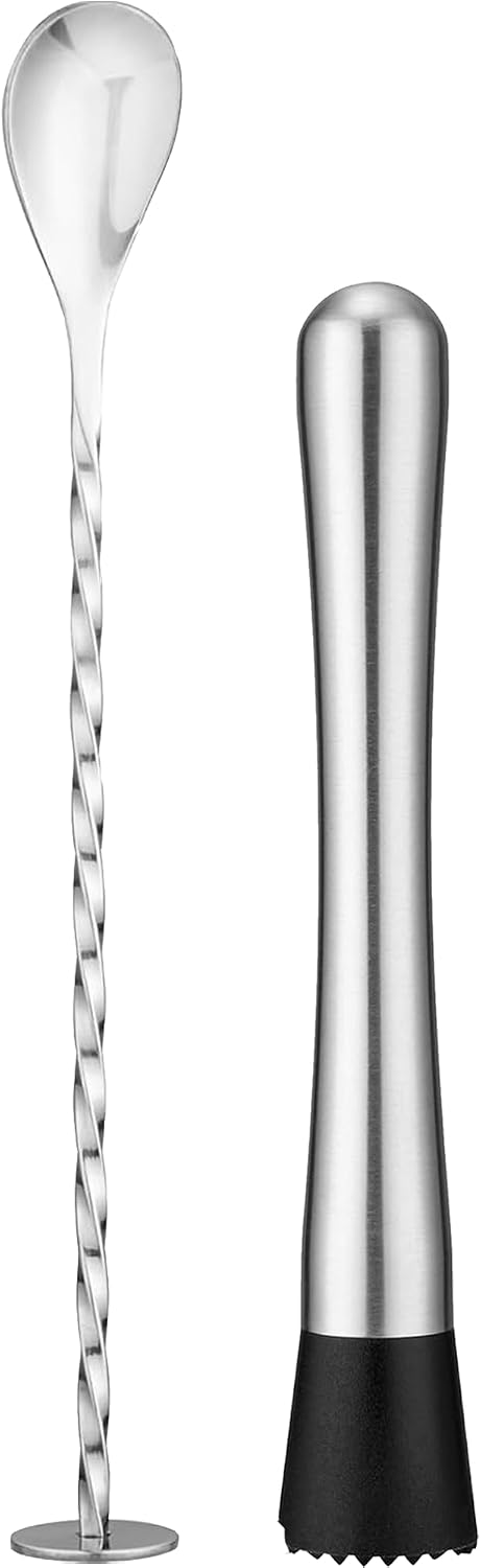 Stainless Steel 8'' Cocktail Muddler & 10'' Mixing Spoon Set