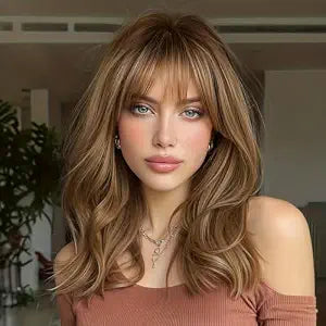 Lativ Brown Highlight Layered Wig with Bangs for Women 4x4 Realistic Scalp