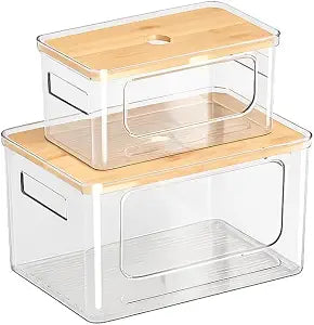 2 Pack Trash Bag Dispenser with Anti-Slip Pads (XL+S) - Stackable Garbage Bag Dispenser with Bamboo Lid and Anti-Slip Bottom, Laundry Room, Pantry, Under Sink Organizer and Storage