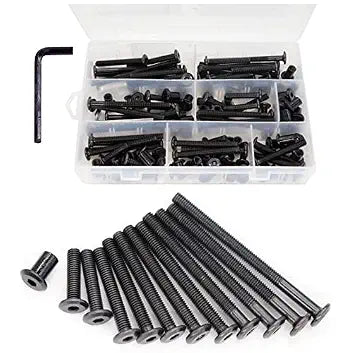 cSeao 114Pcs M6 Black Flat Head Allen Bolt Joint Connecting Bolts Socket Cap Screws Cap Nuts Kit for Furniture Chairs Bed Crib,14 Sizes from 15mm to 80mm