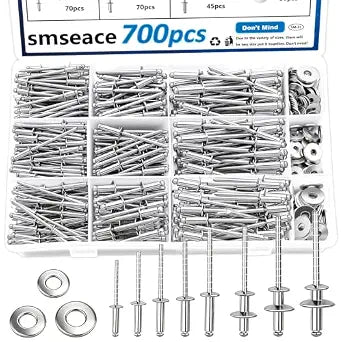 smseace 700Pcs 304 Stainless Steel Pop Rivets Kit with Washers 8-Size Blind Rivet Assortment 1/8 5/32 3/16 Inch, Steel Rivets for Furniture Automotive Sheet Metal Repair