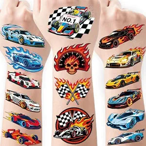 Race Car Temporary Tattoos for Kids - 108 Pre-Cut Designs