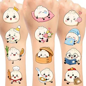 144 PCS Cute Dumpling Temporary Tattoos Stickers, Dumpling Party Favors Dumpling Birthday Party Decorations Supplies Gifts for Kids Teens Adults Boys Girls Classroom Rewards