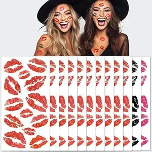 12 Sheets Kiss Tattoos Temporary Stickers, 156Pcs Red Pink Black Kiss Lip Print Waterproof Fake Tattoo for Women Girls Kids Face Body Halloween Valentine Gifts, Vampire Makeup, Party Favors