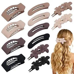 12 Pack Flat Hair Clips for Women – Matte Neutral Square Claw Clips, Flat Barrettes & Flower Pins in Black, Blonde,Light Brown & Dark Brown, Soft Touch Hair Accessories for Thick & Thin Hair