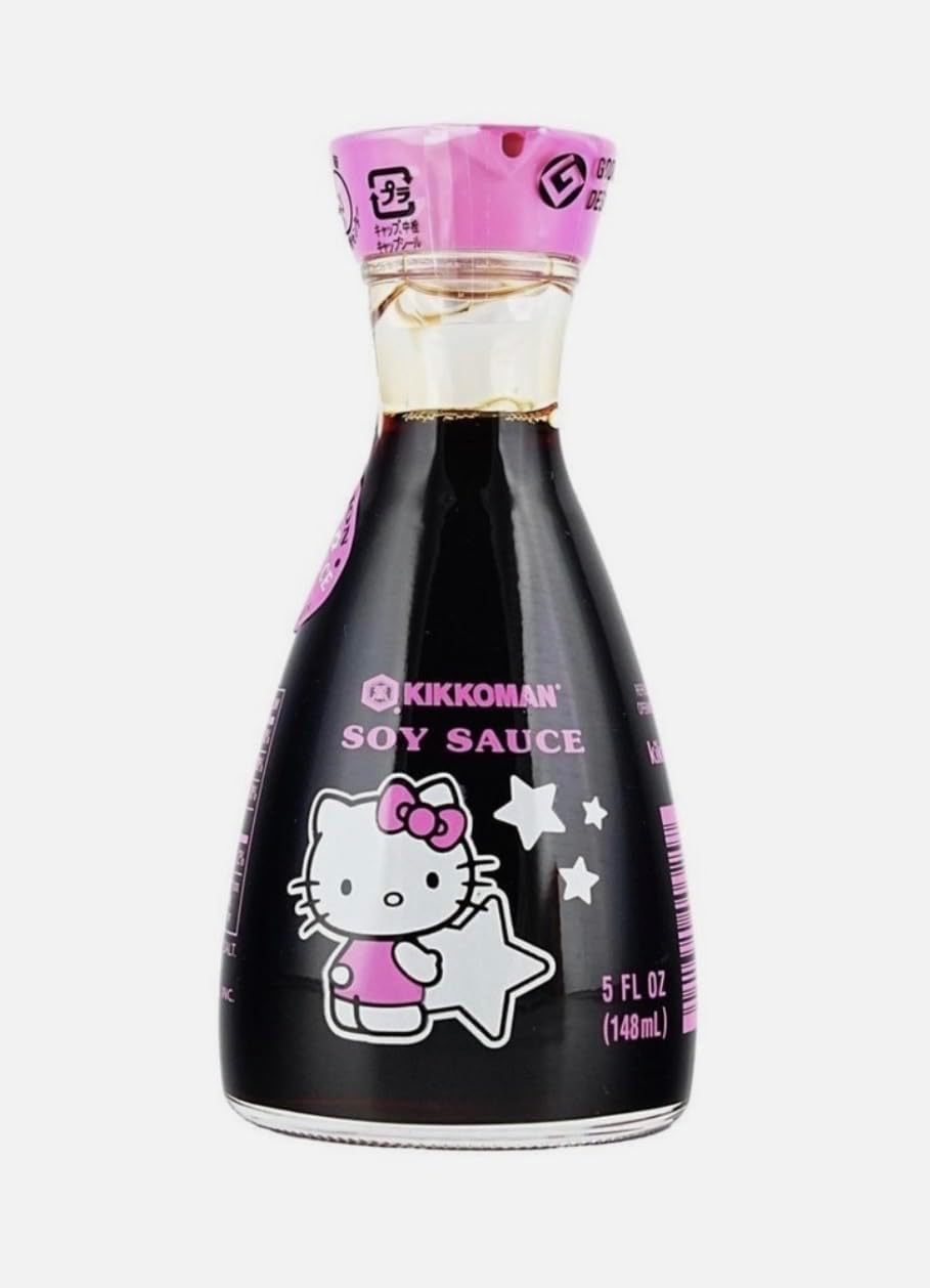 Kikkoman Hello Kitty Soy Sauce Dispenser 2025 Limited Edition - 5 oz Glass Bottle with Pink Cap - Collectible Sanrio Collab - Reusable Pourer for Soy Sauce, Dressings & Marinades