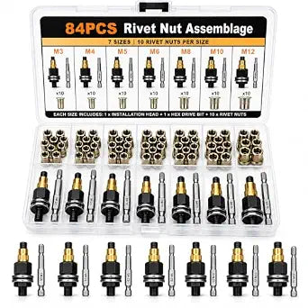 84 Pcs Rivet Nut Tool Kit, Carbon Steel Rivet Nut Kit, Rivet Nut M3 M4 M5 M6 M8 M10 M12, Manual or Drill-Compatible Threaded Insert Tool for Automotive Repair, Sheet Metal & DIY with Storage Case