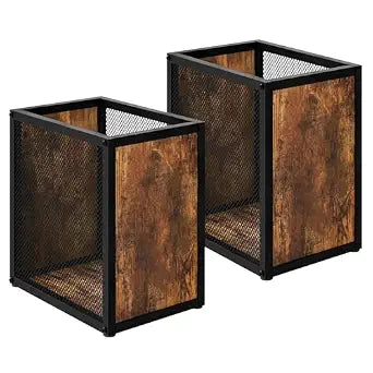 YATINEY Office Trash Can 2 Pack, 4 Gallon Garbage Can, Metal Wastebasket with Wood-Look Panels, Industrial Style Trash Can for Office, Study, Rustic Brown and Black WB03L2BR
