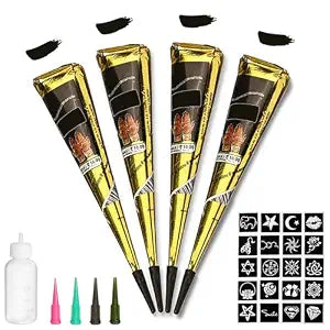 Temporary Tattoos Kit, 4Pcs Black Tattoo Paste Cones, 100% Natural Ready to Use Black Tattoo Paste, India Body DIY Art Painting for Women Men Teens with 20 Adhesive Stencils, 1 Bottle, 4Nozzles