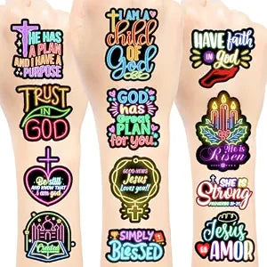 Neon Christian Bible Temporary Tattoos Stickers, Bible Verse Party Favors Decorations Supplies Classroom School Prizes Rewards Boys Girls