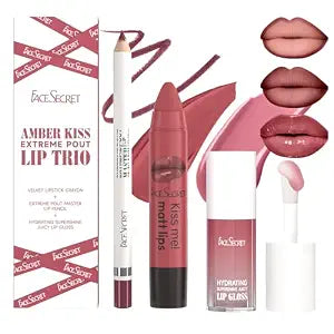 3PCS Lip Liner and Lipstick Combo Set, Velvet Matte Lipstick Pencil & Hydrating Lip Gloss - High Pigment Nude Brown Collection, Long-Lasting Moisturizing Lip Liner for Defining