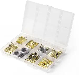 220 PCS Heavy Duty Picture Hanging Kit, Metal Wall Mount Hardware Set with Hooks, Nails, Sawtooth Hangers, D-Rings, Steel Wire, Frames Canvas Mirror Decor (Gold)