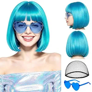 Sky Blue Short Bob Straight Hair Wigs with Bangs, 11inch Synthetic Fiber Colorful Hair, Neon Heart-shaped Sunglasses and Wig Cap for Women, 80s 90s Costume, Halloween, Dress Up
