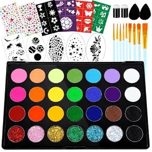 Face Painting Kit 28 Colors Water Based Non Toxic Face Paint Kit Professional Face Paint 6 colors Hypoallergenic with Brushes Stencils Sponges Safe for Halloween Party