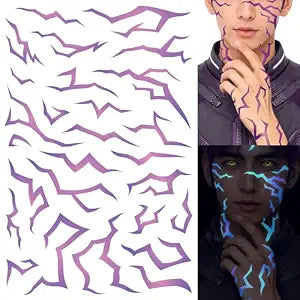 Blacklight Glow Temporary Tattoos | 3 Sheets Purple Energy Pattern | UV Activated Glow | Anime Cosplay | Fake Tat Stickers | Kpop Costumes for Kids | Birthday Party, Halloween