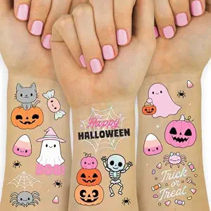 xo, Fetti 50pc Pink Halloween Kawaii Tattoos - 2 Temporary Tattoo Sheets | Halloween Party, Kids Party, Spooky Cute, Trick or Treat, Kawaii, Pink, Festive