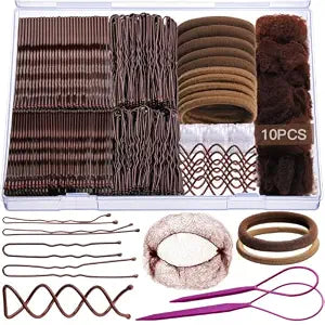 Teenitor Brown Bobby Pins Hair Pins Hair Net Kit, 11 Styles Bobby Pins for Women U Shaped Hair Pins, Hair Nets for Buns Spiral Pins, Hair Ties Hair Styling Tools for Women Girls Dance Ballet Brown