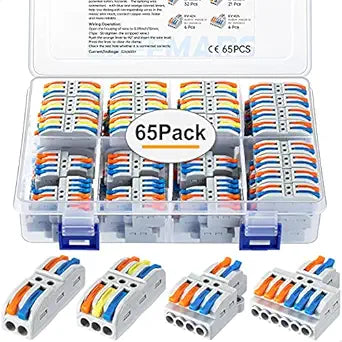 65 Pcs Compact Wire Splicing Connectors Assortment Pack, Multi-Conductor Lever Quick Wiring Terminals AWG 28-12