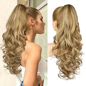 REECHO Ponytail Extension, 24" Claw Clip in Ponytail Extensions Long Curly Wavy Ponytail Hair Extension Jaw Clip on Pony Tails Hairpiece for Women - Medium Blonde with Blonde Highlights
