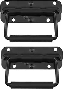 2 Pcs Spring Loaded Handle, Black Heavy Duty Stainless Steel Chest Handle, Rubber Grip Folding Handles for Toolbox Chest Case Trunks Crates Storage Boxes