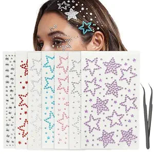 7 Pack Self-Adhesive Star Face Rhinestone Gem Stickers and 1 Black Tweezers - Suitable for Face, Eyes, Makeup, Body, Hair, Stick Gems, Y2K Star Stickers for Women