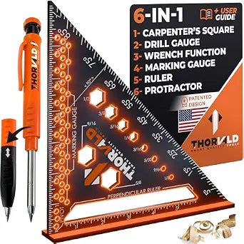 THORVALD 6-in-1 Carpenter Square 7 inch (1/16" Precision) T Square Multi-Purpose Carpenter Tools : Wrench, Square, Protractor, Ruler, Marking Gauge, Drill Gauge, Includes 2-in-1 Carpentry Pencil