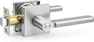 Probrico Door Handle Interior with Lock, Brushed Nickel Bedroom Bathroom Lever, Heavy Duty Square Reversible for Right or Left Side Doors, 1 Pack