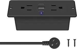 CCCEI Recessed Power Strip with Outlet and USB C Ports, Furniture Flush Mount Power Strip, Small Desk Hidden Outlet for Conference Table, Nightstand, Black, 6FT.