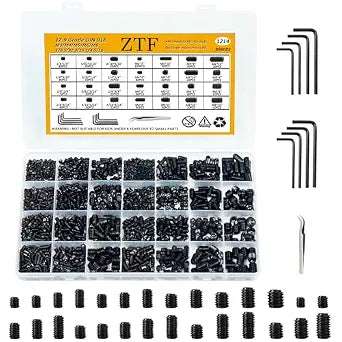 ZTF 1214Pcs Metric & SAE Set Screw Assortment Kit, Internal Hex Drive Set Screws for Bathroom Fixtures, Door Handles, Towel Rack Screws, 12.9 Grade Alloy Steel Grub Screw (M3-M8, 1/8"-40 to 5/16"-18)